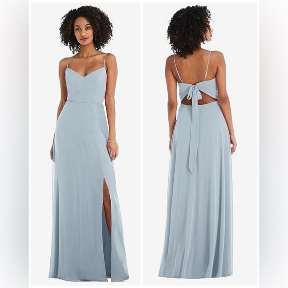 NWT Dessy Collection Tie-Back Cutout Maxi Dress, Front Leg Slit in Mist, Size 4R - Picture 1 of 16